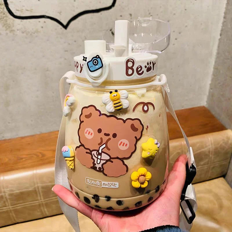 Gourde Kawaii Jumbo Ours 1300ML - Bouteille avec Paille et Stickers 3D