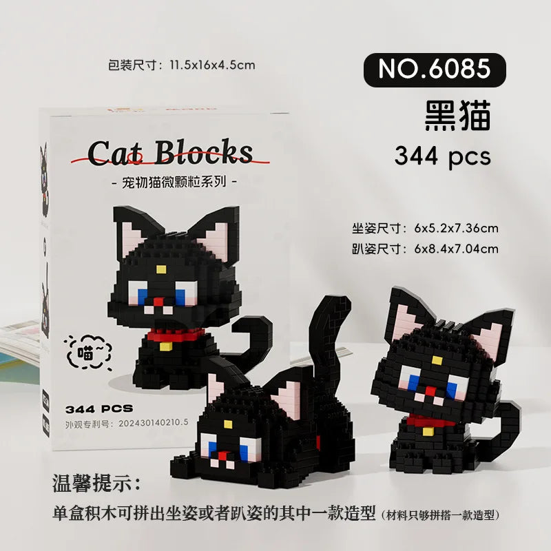 Set de Micro Blocs de Construction Chat Kawaii Chat Noir Bleu