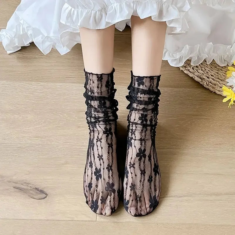 Chaussettes Transparentes Dentelles Lolita - Style Kawaii noir 1 Taille unique
