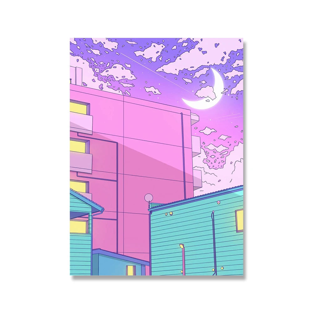 Poster Kawaii "Night City Pop" Bâtiment