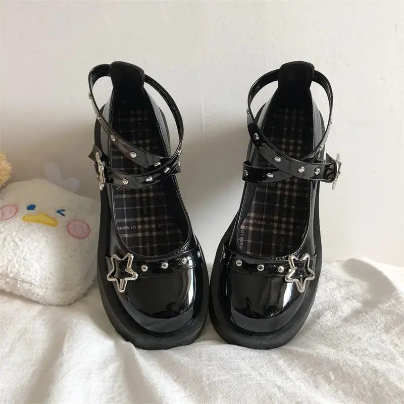 Shoes Lolita shoes Women heels platform mary janes Star Buckle Strap Mary Janes Women Cross-tied Girls Rivet Casual kawaii shoes