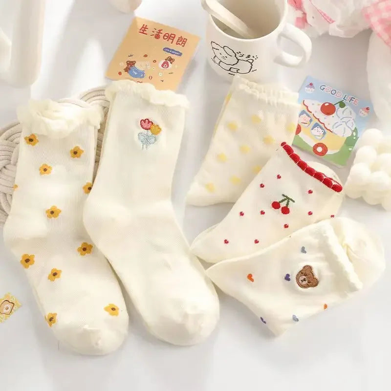 Set de Chaussettes Kawaii en Coton - Ourson et Fleur Jaune avec Dentelle