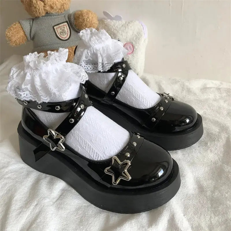 Shoes Lolita shoes Women heels platform mary janes Star Buckle Strap Mary Janes Women Cross-tied Girls Rivet Casual kawaii shoes