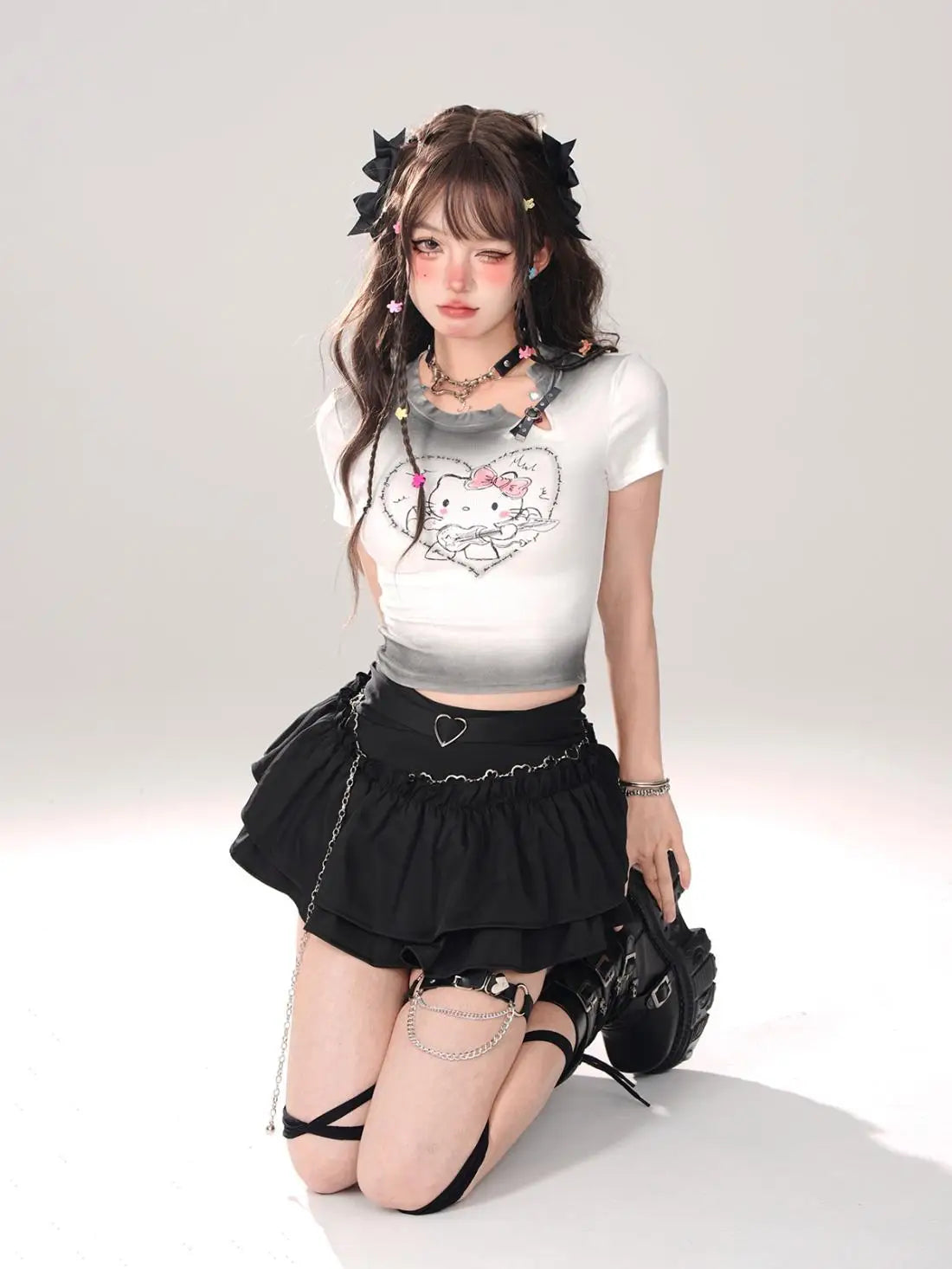 Y2K Kellykitty Japan Black Half Length Skirt Female A-word Summer Fluffy Skirt Self Cultivation Appear Thin Cake Short Pleated