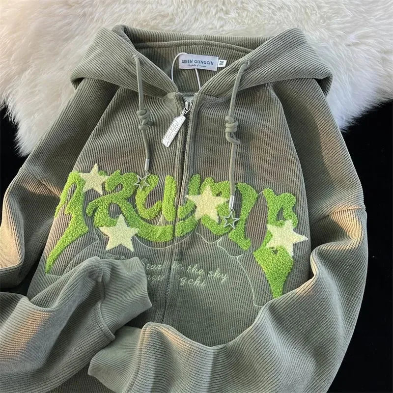 Sweat à Capuche en Velours Côtelé - Y2K Vert