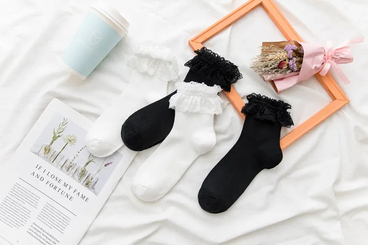 Women Socks Lace Lolita Jk Japanese Style White Black Solid kawaii Girl Cotton Cute Ankle Socks For Famale носки женские