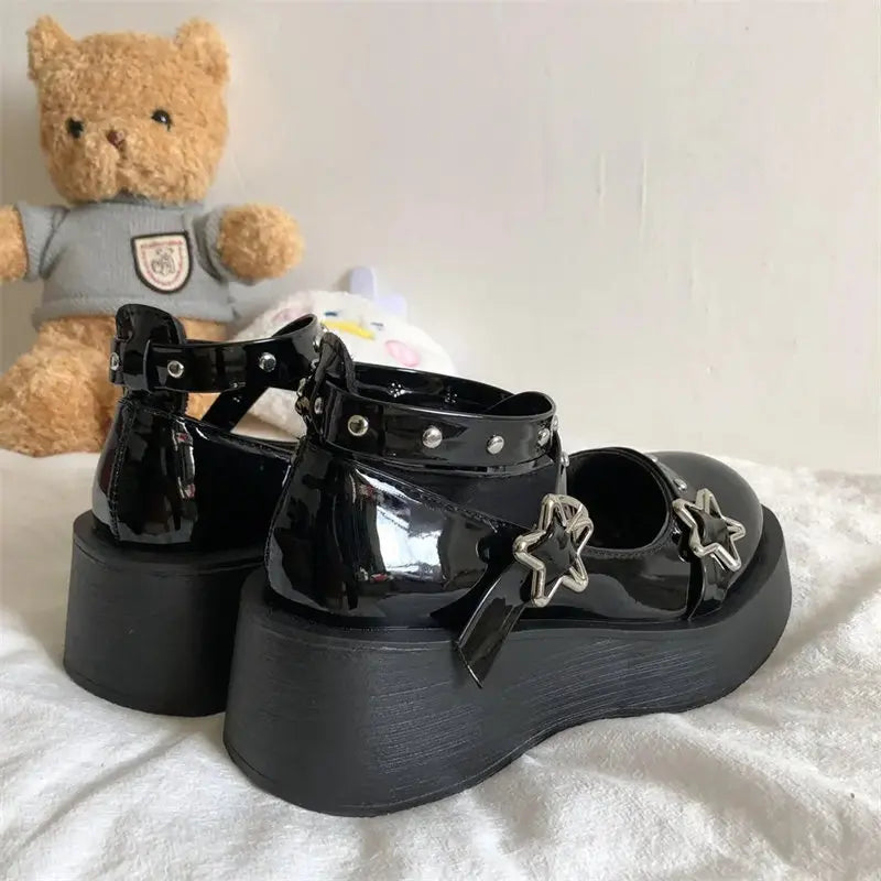 Shoes Lolita shoes Women heels platform mary janes Star Buckle Strap Mary Janes Women Cross-tied Girls Rivet Casual kawaii shoes