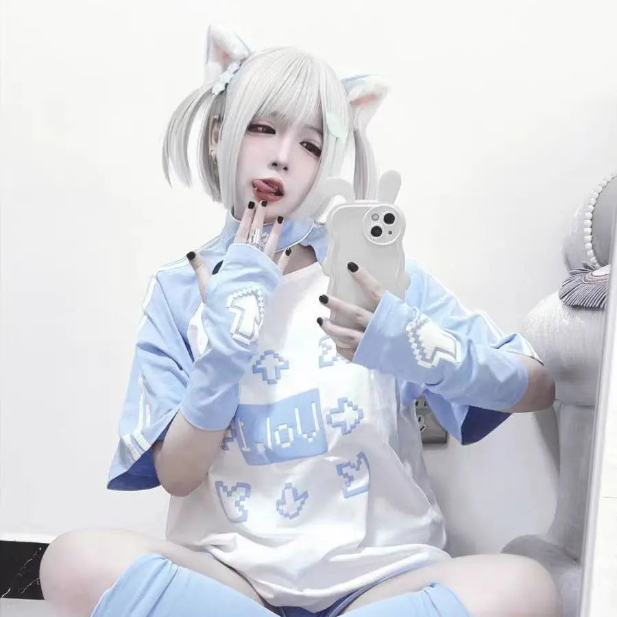 Summer Arm Warmers T-shirt Casual Japanese Cartoon Print Kawaii Tops 2024 Women Y2k Cute Camisetas Sweet Harajuku Tees Camisetas as photo