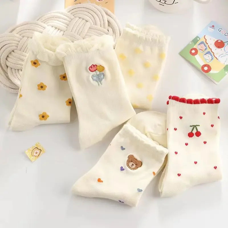 Set de Chaussettes Kawaii en Coton - Ourson et Fleur Jaune avec Dentelle