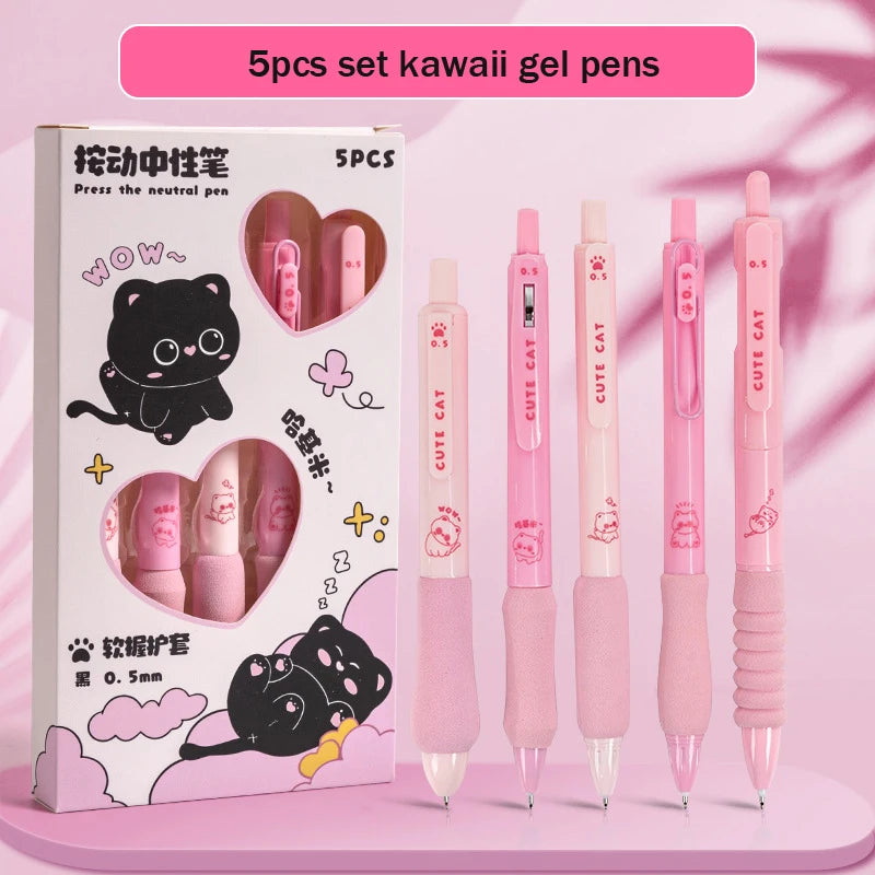 Pack de 5 Stylos Gel Kawaii – Chaton Mignon Rose Noir