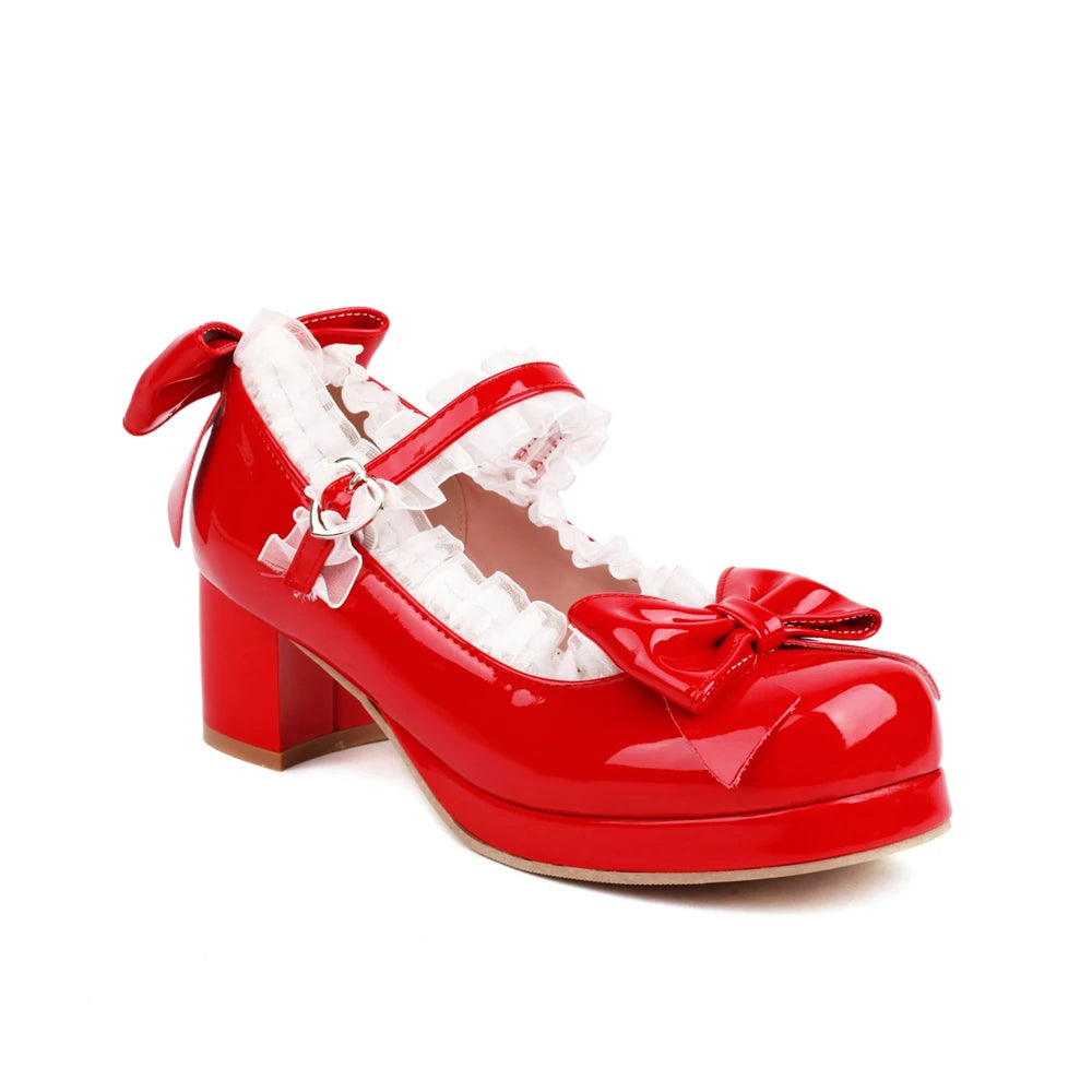 Woman Med Heel Lolita Shoes Patent Leather Cute Bow Mary Jane Pumps Bride Wedding Cosplay Party Red Pink Black Green Size 31-43 Red