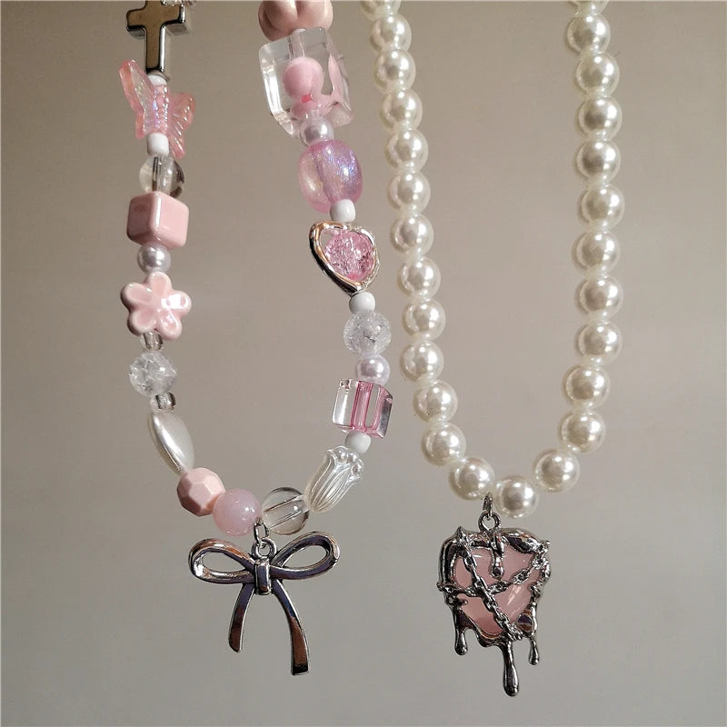 Collier Cœur avec Nœud Rose et Perles, Style Lolita Émo