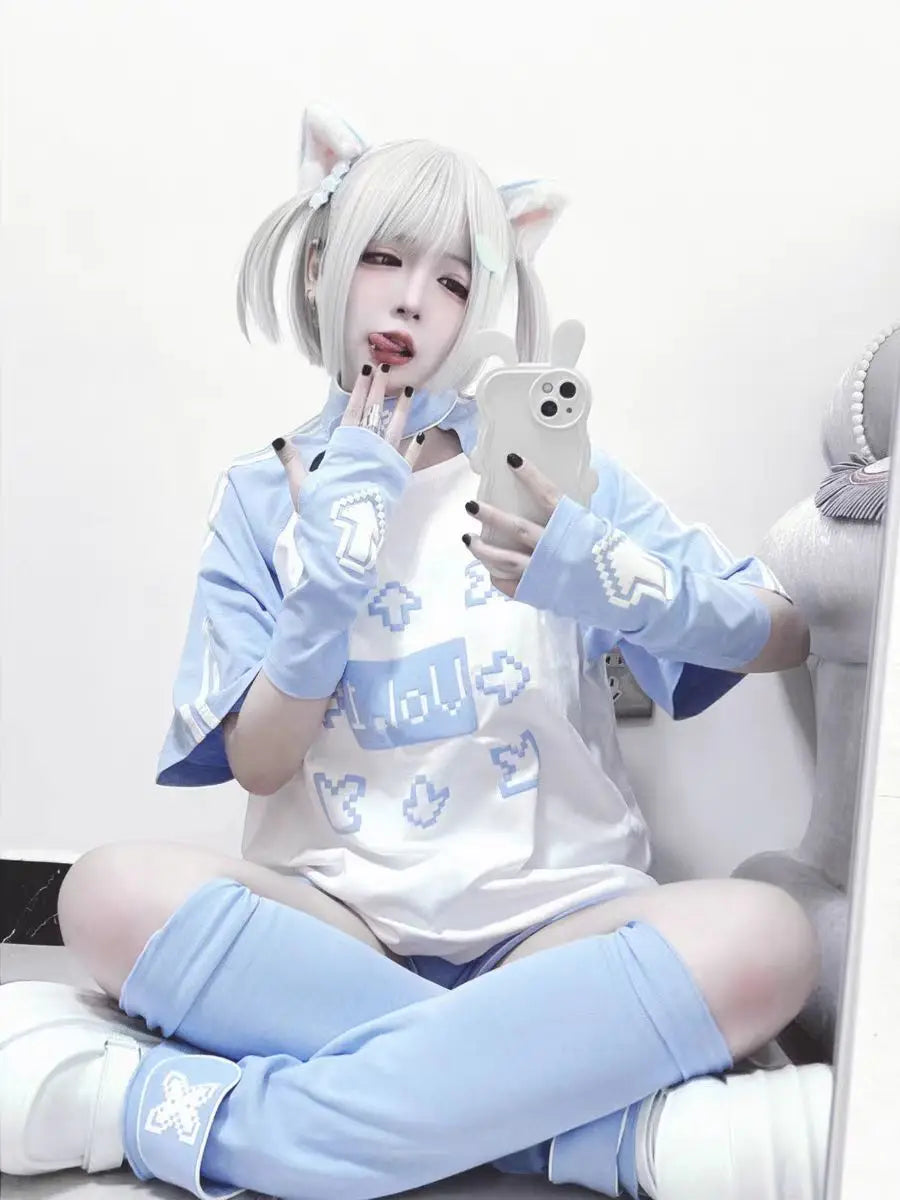 Summer Arm Warmers T-shirt Casual Japanese Cartoon Print Kawaii Tops 2024 Women Y2k Cute Camisetas Sweet Harajuku Tees Camisetas