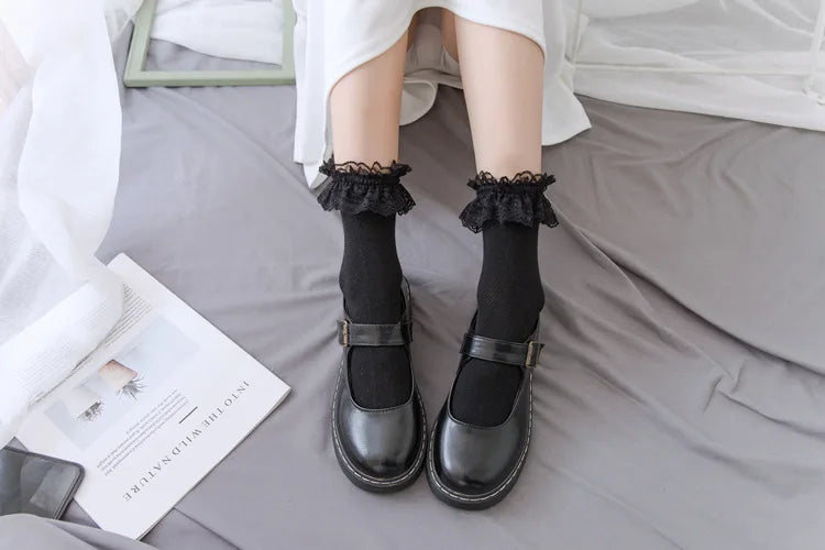 Women Socks Lace Lolita Jk Japanese Style White Black Solid kawaii Girl Cotton Cute Ankle Socks For Famale носки женские