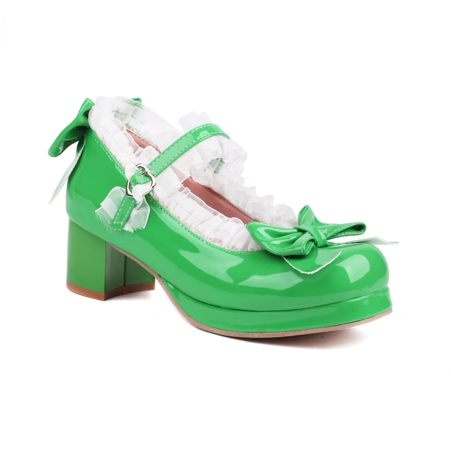 Woman Med Heel Lolita Shoes Patent Leather Cute Bow Mary Jane Pumps Bride Wedding Cosplay Party Red Pink Black Green Size 31-43