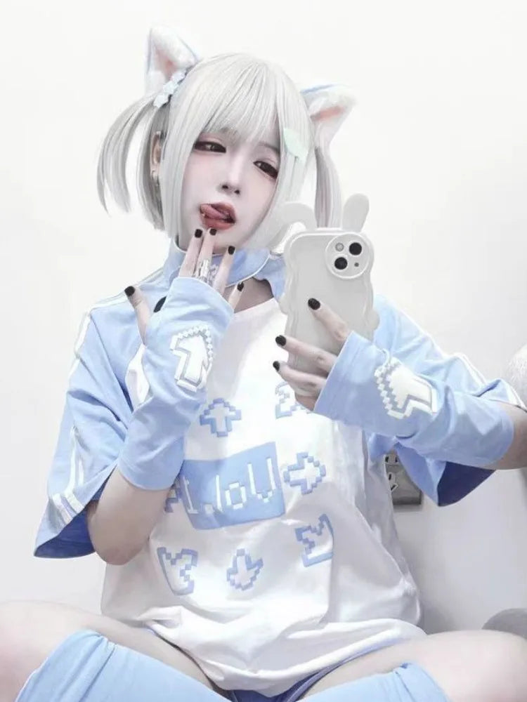 Summer Arm Warmers T-shirt Casual Japanese Cartoon Print Kawaii Tops 2024 Women Y2k Cute Camisetas Sweet Harajuku Tees Camisetas