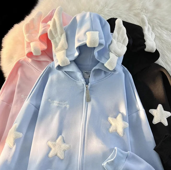 Sweet Street Star-shape Embroidery Kawaii Hoodies Coats Women Autumn Winter Women's Sweatshirt Cardigan Korean Fashion Zip Hoody