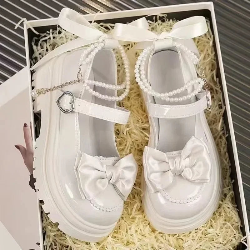 Women's Casual Shoes New Kawaii Pearl Chain Mary Jane Women's Shoes Fashion Versatile Lolita Loafers Outdoor Sandals 여성화 로레타 Beige