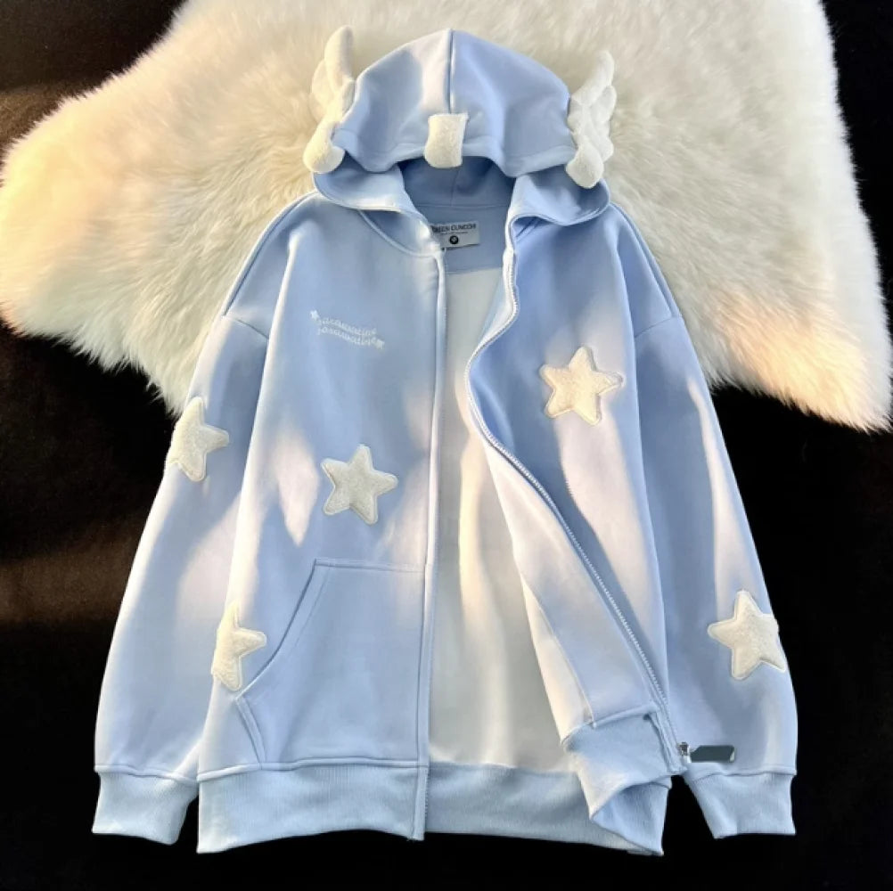 Sweet Street Star-shape Embroidery Kawaii Hoodies Coats Women Autumn Winter Women's Sweatshirt Cardigan Korean Fashion Zip Hoody