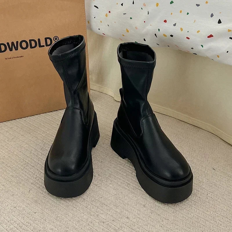 Bottes Hautes et Basses Kawaii - Style Coréen avec Talon Carré Noir Haute