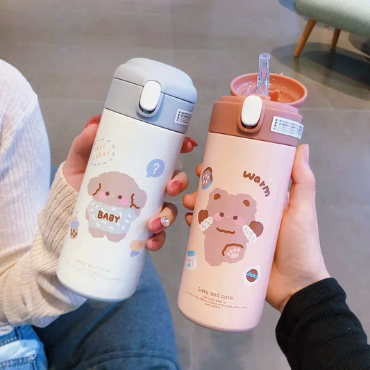Bouteille Thermos Kawaii en Acier Inoxydable - 380ML Isotherme avec Paille