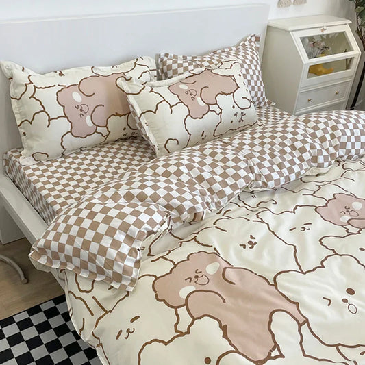 Parure de Lit Kawaii Ours et Fleurs - Housse de Couette + Taies & Drap