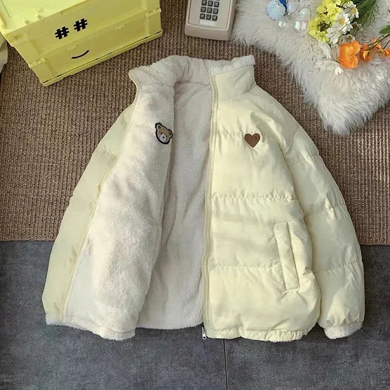 Veste Kawaii Réversible avec Broderie – Manteau Hiver Beige