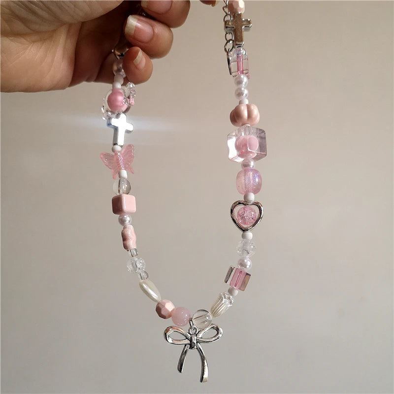 Collier Cœur avec Nœud Rose et Perles, Style Lolita Émo