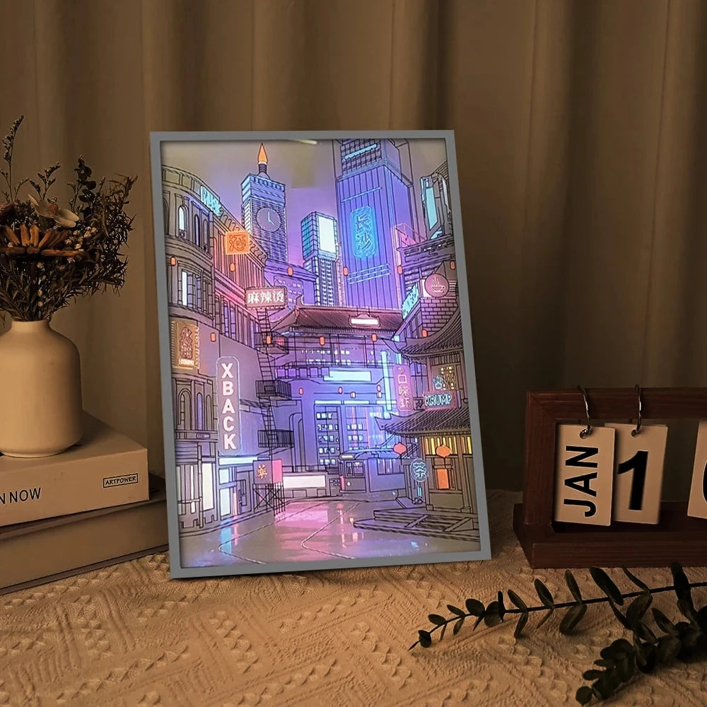 Lampe Kawaii LED - Peinture Lumière Ville Nocturne Romantique