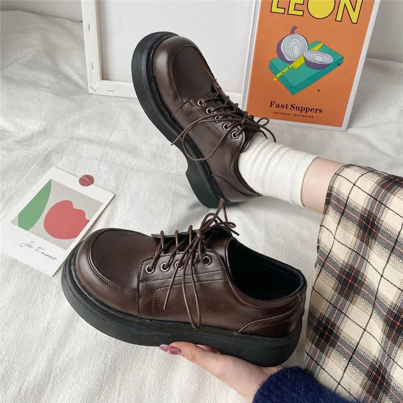 Mocassins Kawaii à Lacets Vintage Marron