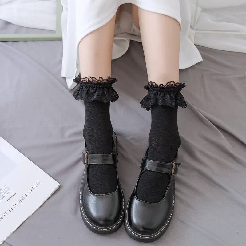 Women Socks Lace Lolita Jk Japanese Style White Black Solid kawaii Girl Cotton Cute Ankle Socks For Famale носки женские