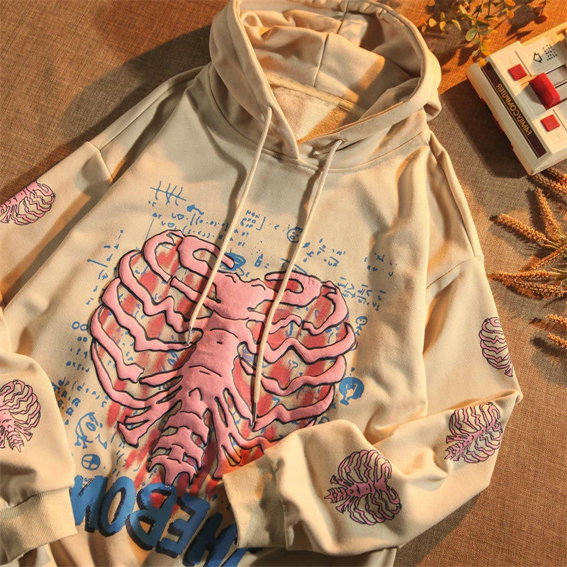 Y2K Pink Skeleton Hoodies Women Autumn Streetwear pullover Goth Sweatshirts Harajuku Grunge Oversized Winter Hoodies Female Khaki