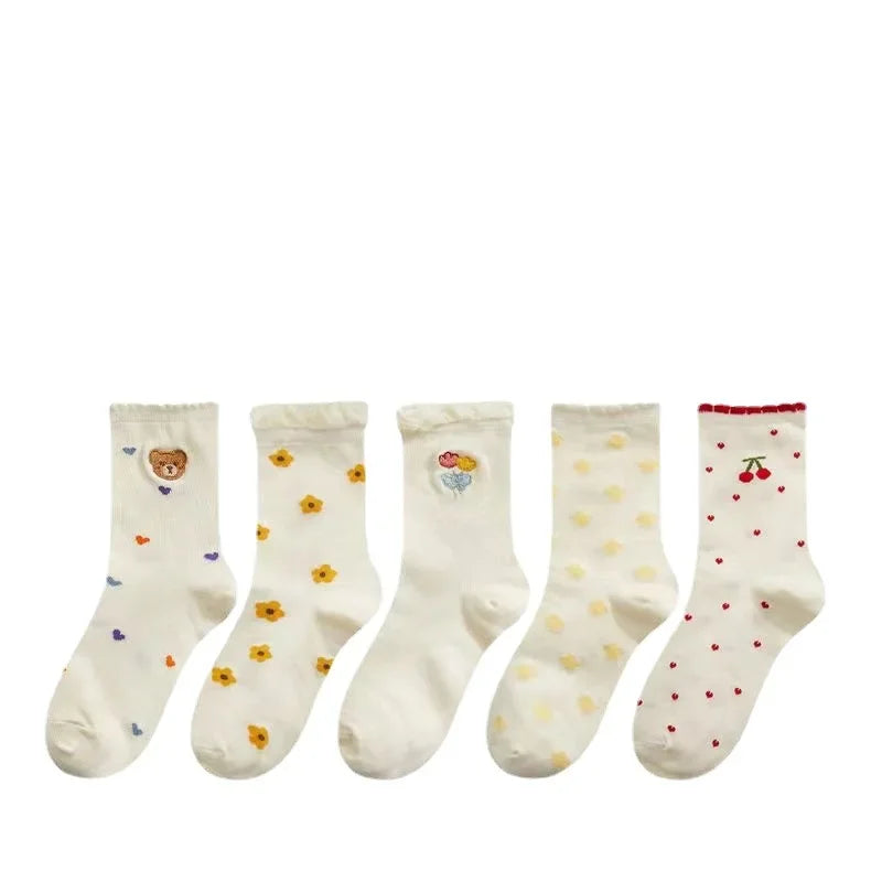Set de Chaussettes Kawaii en Coton - Ourson et Fleur Jaune avec Dentelle