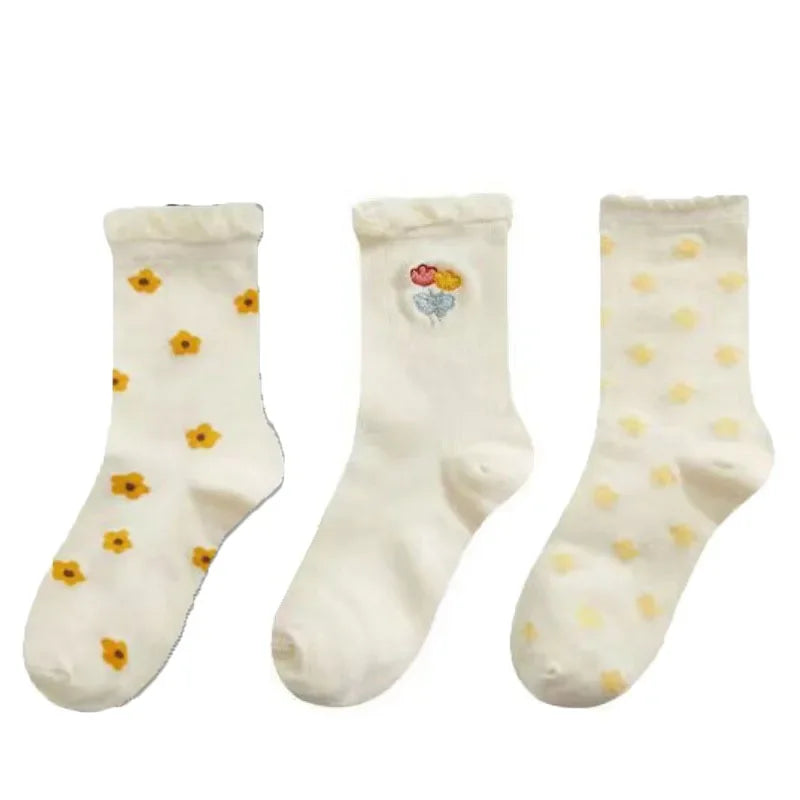 Set de Chaussettes Kawaii en Coton - Ourson et Fleur Jaune avec Dentelle 5 One Size
