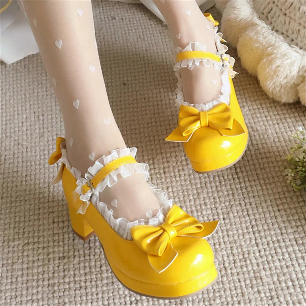Woman Med Heel Lolita Shoes Patent Leather Cute Bow Mary Jane Pumps Bride Wedding Cosplay Party Red Pink Black Green Size 31-43