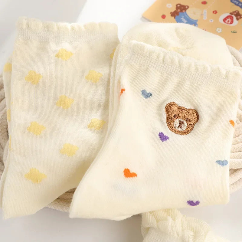 Set de Chaussettes Kawaii en Coton - Ourson et Fleur Jaune avec Dentelle