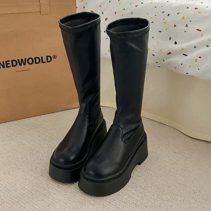 Bottes Hautes et Basses Kawaii - Style Coréen avec Talon Carré Noir Basse