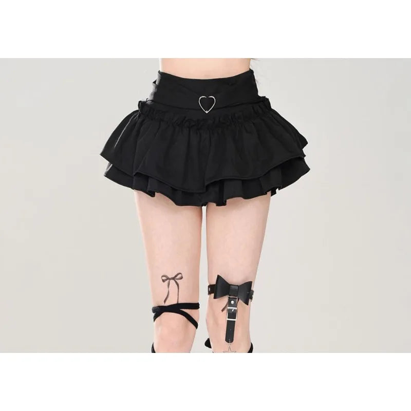 Y2K Kellykitty Japan Black Half Length Skirt Female A-word Summer Fluffy Skirt Self Cultivation Appear Thin Cake Short Pleated