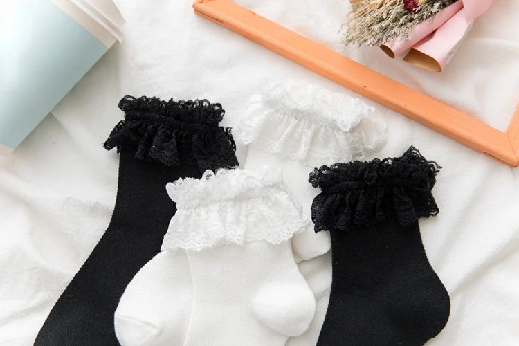 Women Socks Lace Lolita Jk Japanese Style White Black Solid kawaii Girl Cotton Cute Ankle Socks For Famale носки женские