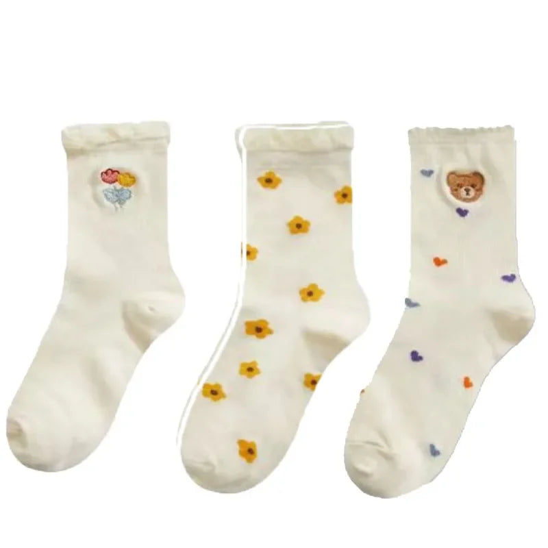 Set de Chaussettes Kawaii en Coton - Ourson et Fleur Jaune avec Dentelle 3 One Size