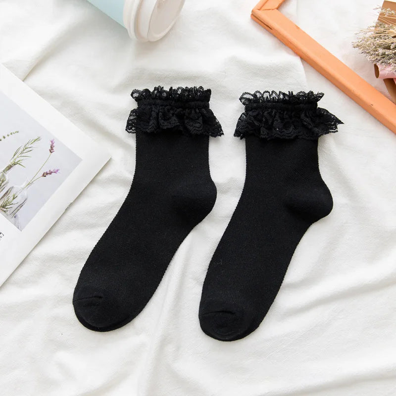 Women Socks Lace Lolita Jk Japanese Style White Black Solid kawaii Girl Cotton Cute Ankle Socks For Famale носки женские black One Size