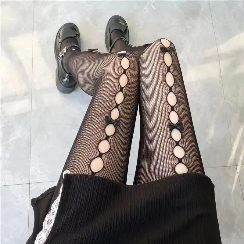 Collants Kawaii à Nœud Papillon - Bas Résille Style Japonais Noir