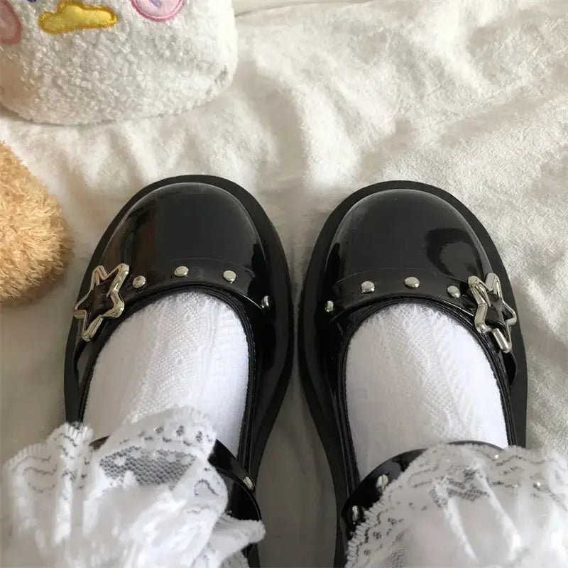 Shoes Lolita shoes Women heels platform mary janes Star Buckle Strap Mary Janes Women Cross-tied Girls Rivet Casual kawaii shoes