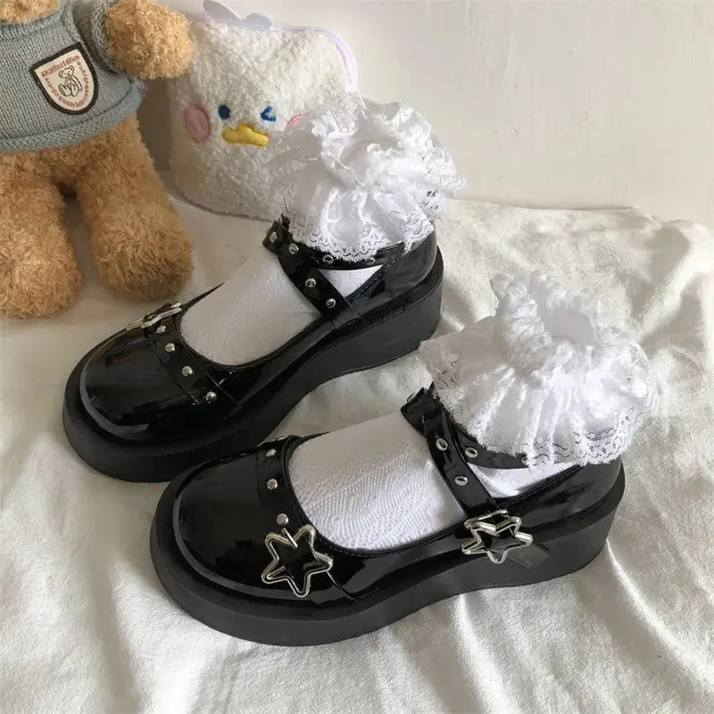 Shoes Lolita shoes Women heels platform mary janes Star Buckle Strap Mary Janes Women Cross-tied Girls Rivet Casual kawaii shoes