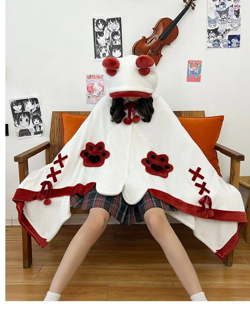 Cape Kawaii Bat en Polaire - Poncho d'Hiver Anime avec Capuche Blanc Unique