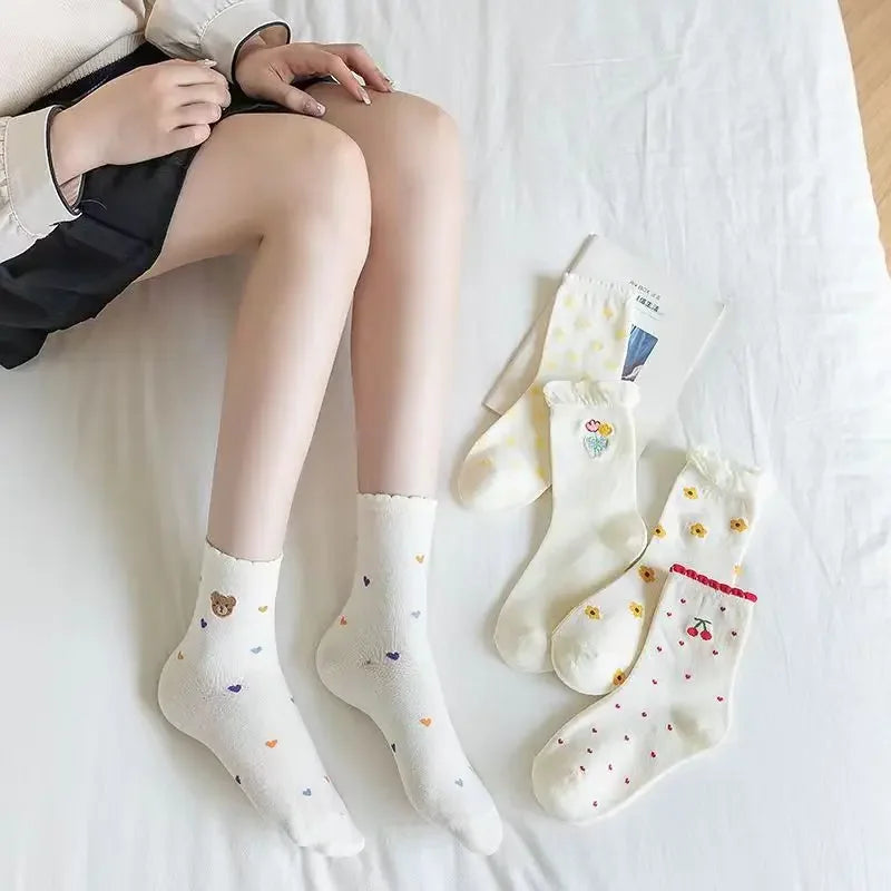 Set de Chaussettes Kawaii en Coton - Ourson et Fleur Jaune avec Dentelle