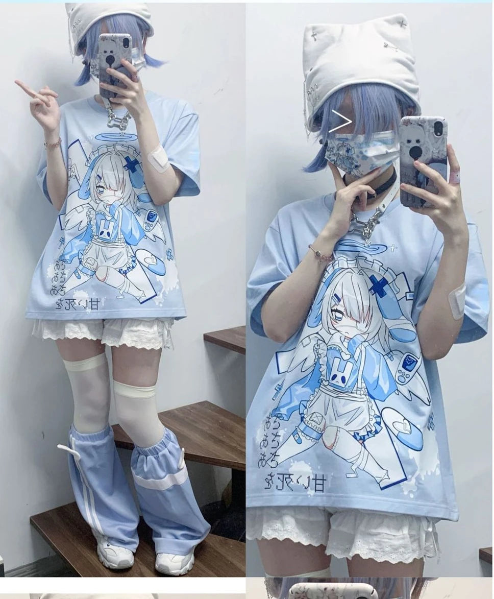 Women Harajuku Japanese Cartoon Cute Print T-shirt Kawaii Oversized Grunge T Shirts Y2k Aesthetic Blue Summer Streetwear Tees