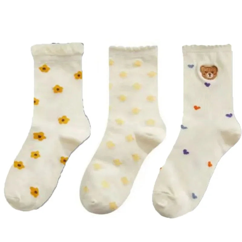 Set de Chaussettes Kawaii en Coton - Ourson et Fleur Jaune avec Dentelle