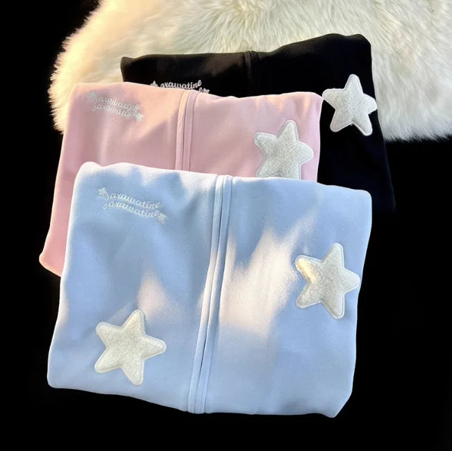Sweet Street Star-shape Embroidery Kawaii Hoodies Coats Women Autumn Winter Women's Sweatshirt Cardigan Korean Fashion Zip Hoody