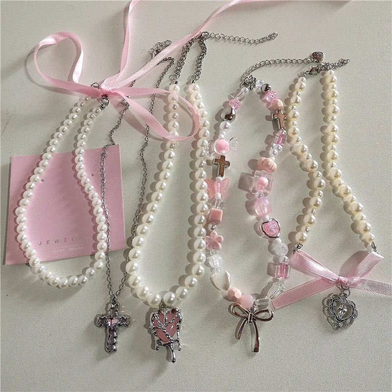 Collier Cœur avec Nœud Rose et Perles, Style Lolita Émo